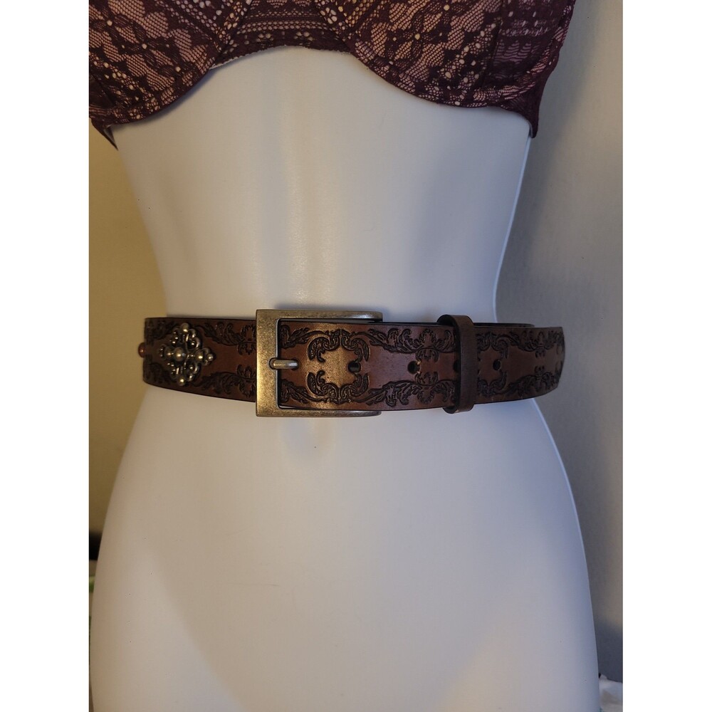 Brown Tooled Leather Belt Sz S
